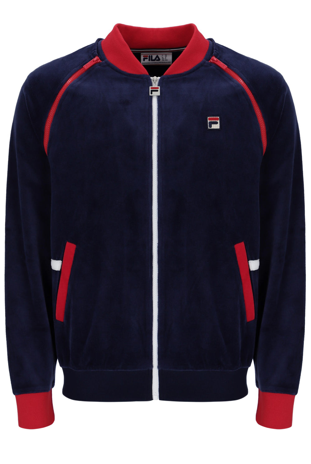 Navy tracksuit jacket with red accents and Fila logo on a white background