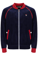 Navy tracksuit jacket with red accents and Fila logo on a white background