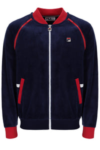 Navy tracksuit jacket with red accents and Fila logo on a white background