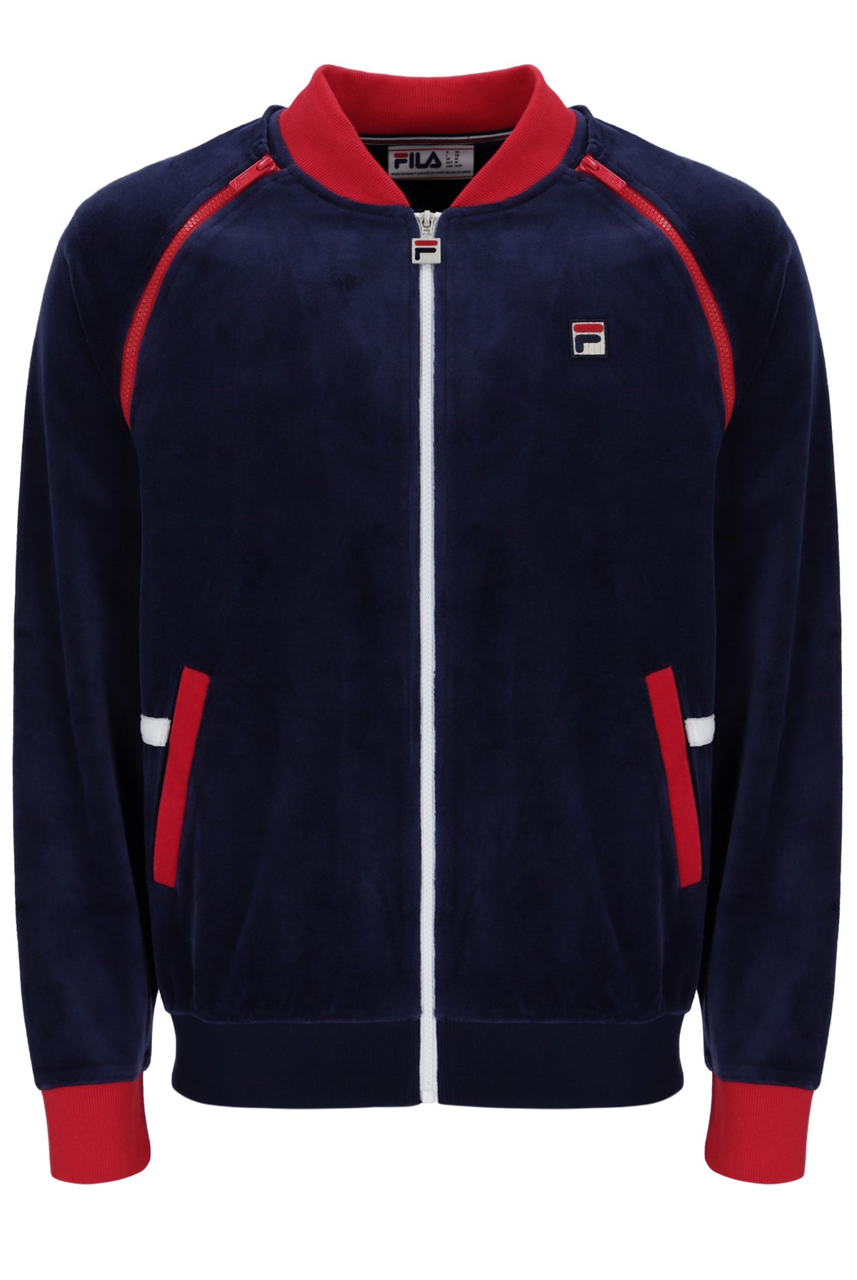 Navy tracksuit jacket with red accents and Fila logo on a white background