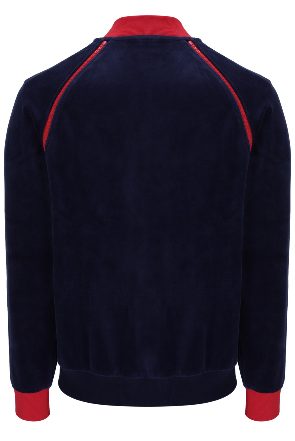 Navy blue jacket with red accents on a white background