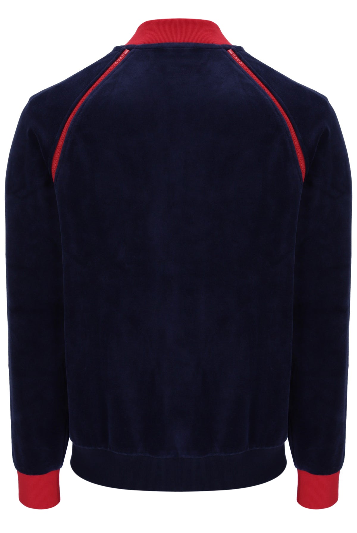 Navy blue jacket with red accents on a white background