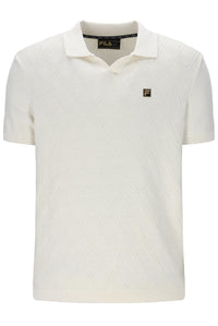 White textured polo shirt with brand logo on a white background