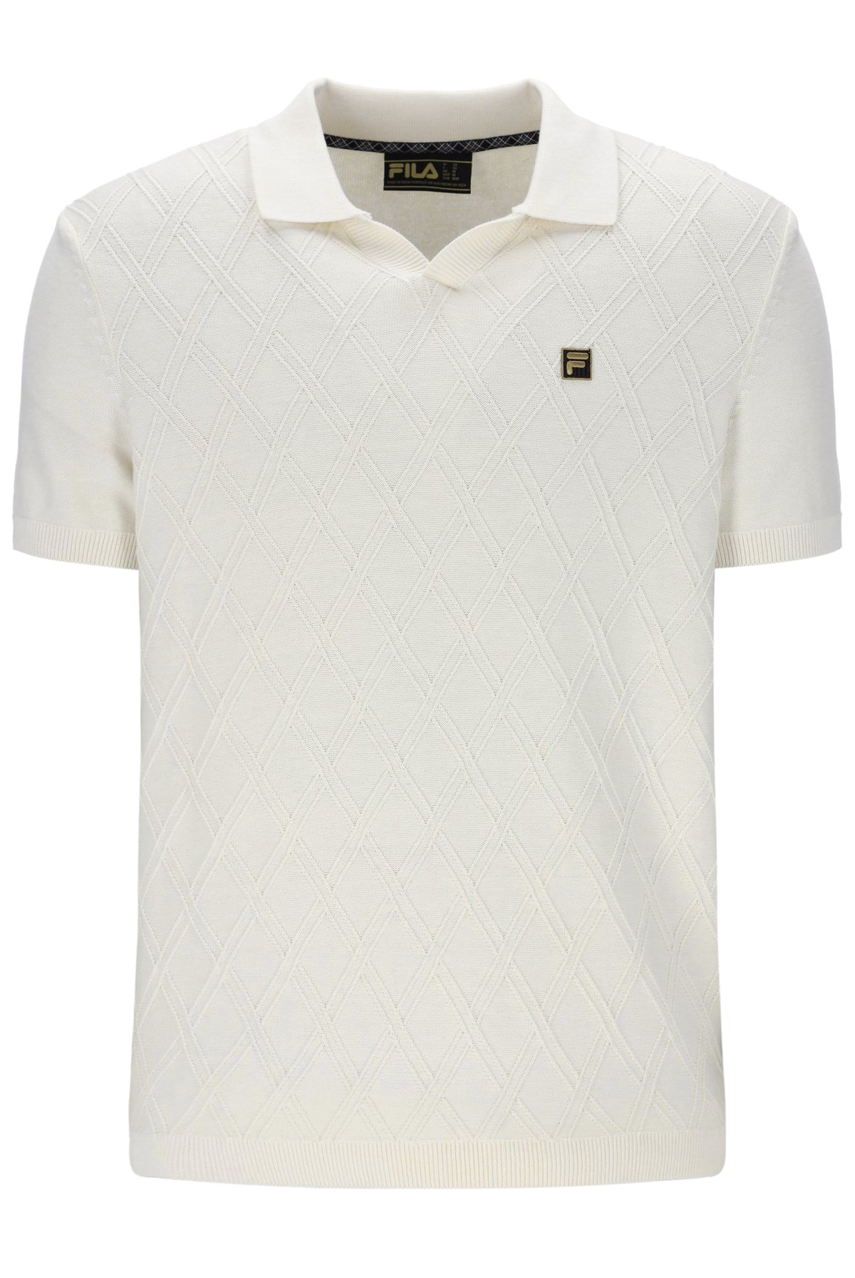 White textured polo shirt with brand logo on a white background