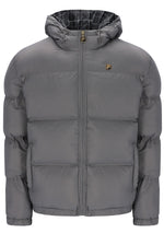 Displays the Gunmetal 'FILA' branded Desmond Hooded Puffer