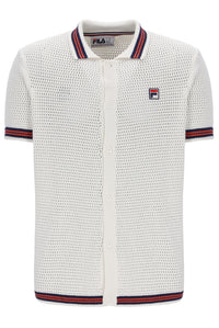 White textured shirt with red and blue trim on a white background