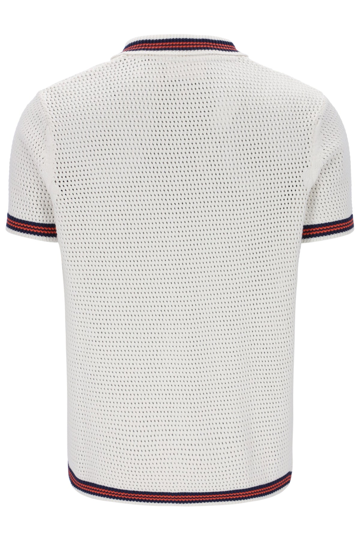 White textured polo shirt with red and blue trim on a white background