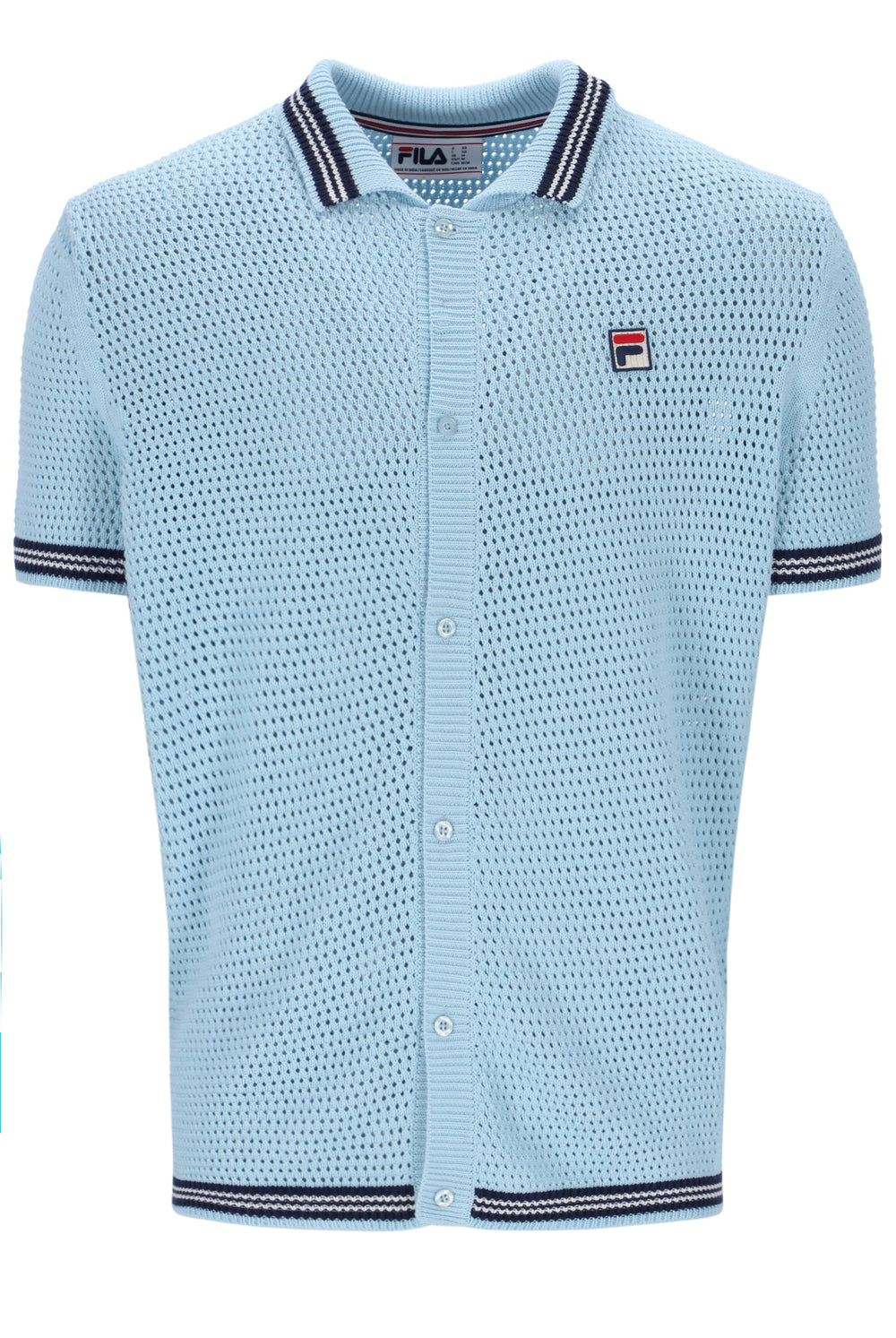 Light blue textured shirt with white collar and FILA logo on a white background