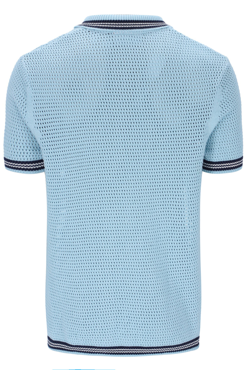 Light blue knitted polo shirt with dark blue trim on a white background