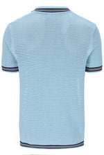 Light blue knitted polo shirt with dark blue trim on a white background