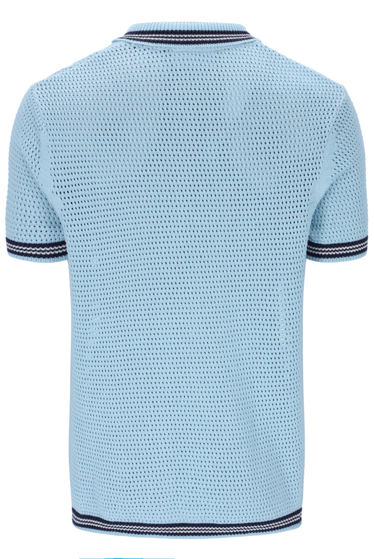 Light blue knitted polo shirt with dark blue trim on a white background