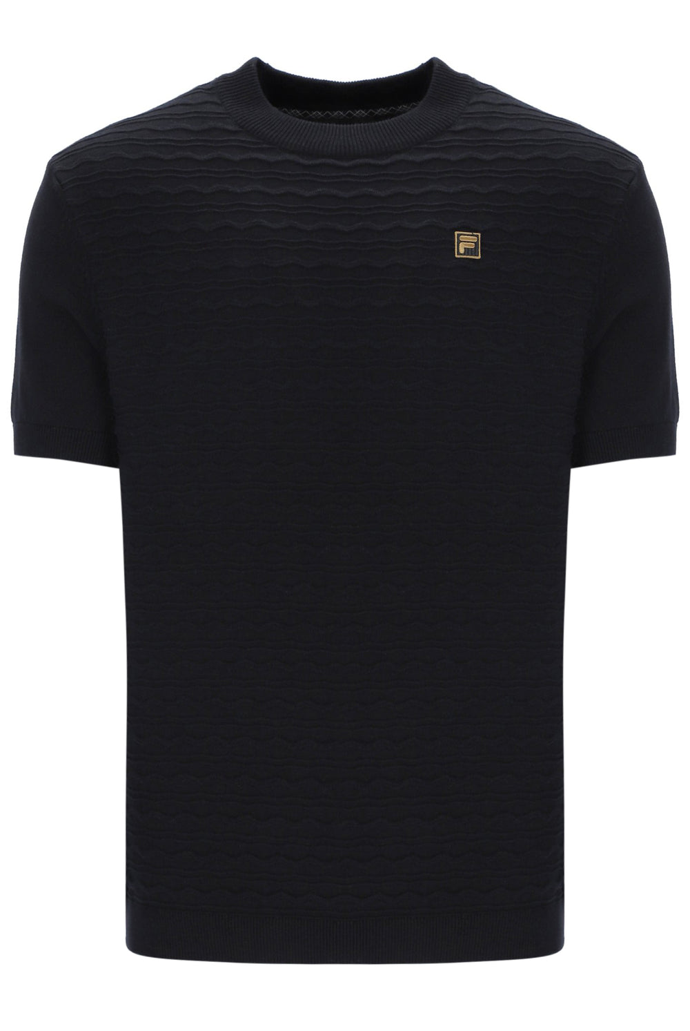 Black t-shirt with a small FILA Gold logo on the chest on a white background