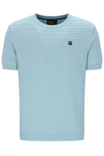 Light blue striped sweater with Fila logo on a white background
