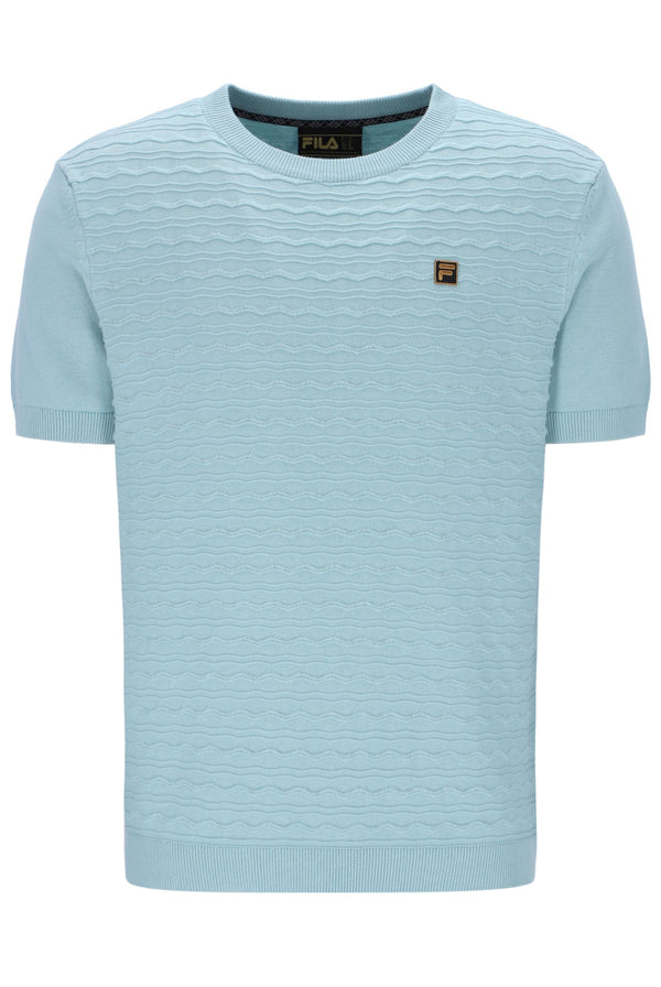 Light blue striped sweater with Fila logo on a white background