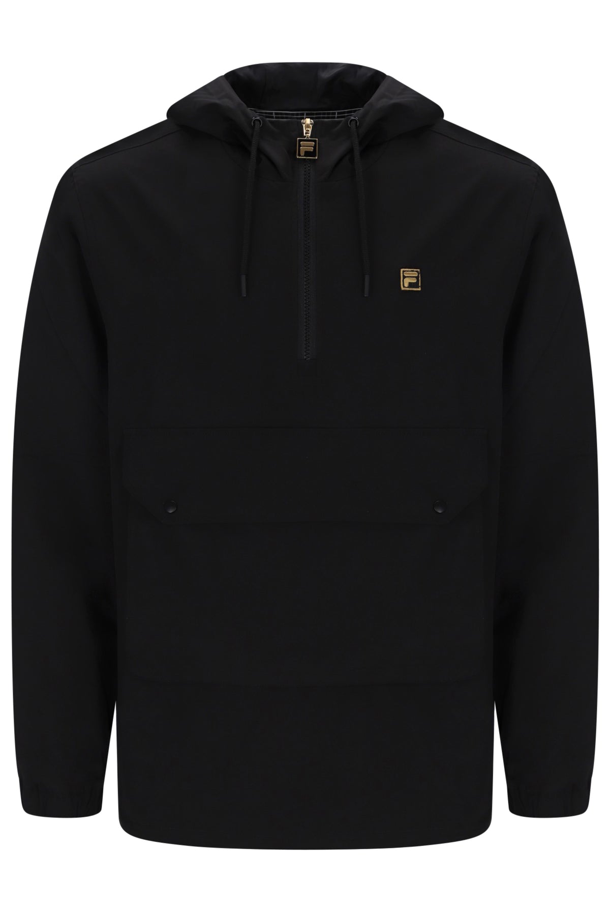 A black pullover hoodie with a half-zip neckline, drawstrings, and a small gold Fila logo on the left chest, shown against a plain white background.
