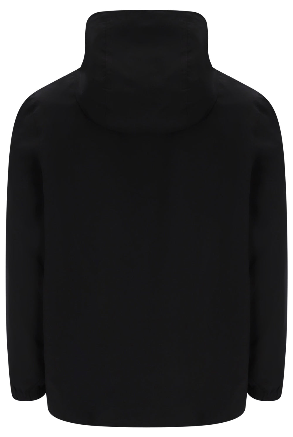 A black long-sleeve jacket with a high mock neck collar, shown from the back against a plain white background.