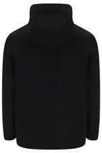 A black long-sleeve jacket with a high mock neck collar, shown from the back against a plain white background.