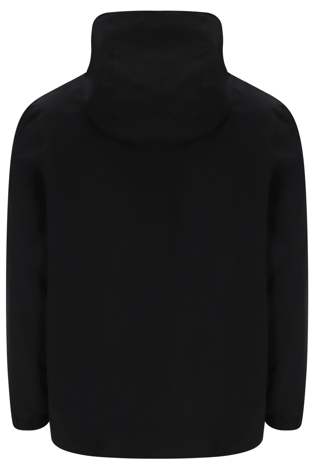 A black long-sleeve jacket with a high mock neck collar, shown from the back against a plain white background.