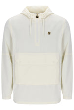 An off-white hooded pullover jacket with a half-zip neckline, a large front flap pocket, and a small gold Fila logo on the left chest, shown against a plain white background.