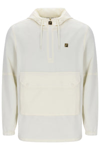 An off-white hooded pullover jacket with a half-zip neckline, a large front flap pocket, and a small gold Fila logo on the left chest, shown against a plain white background.