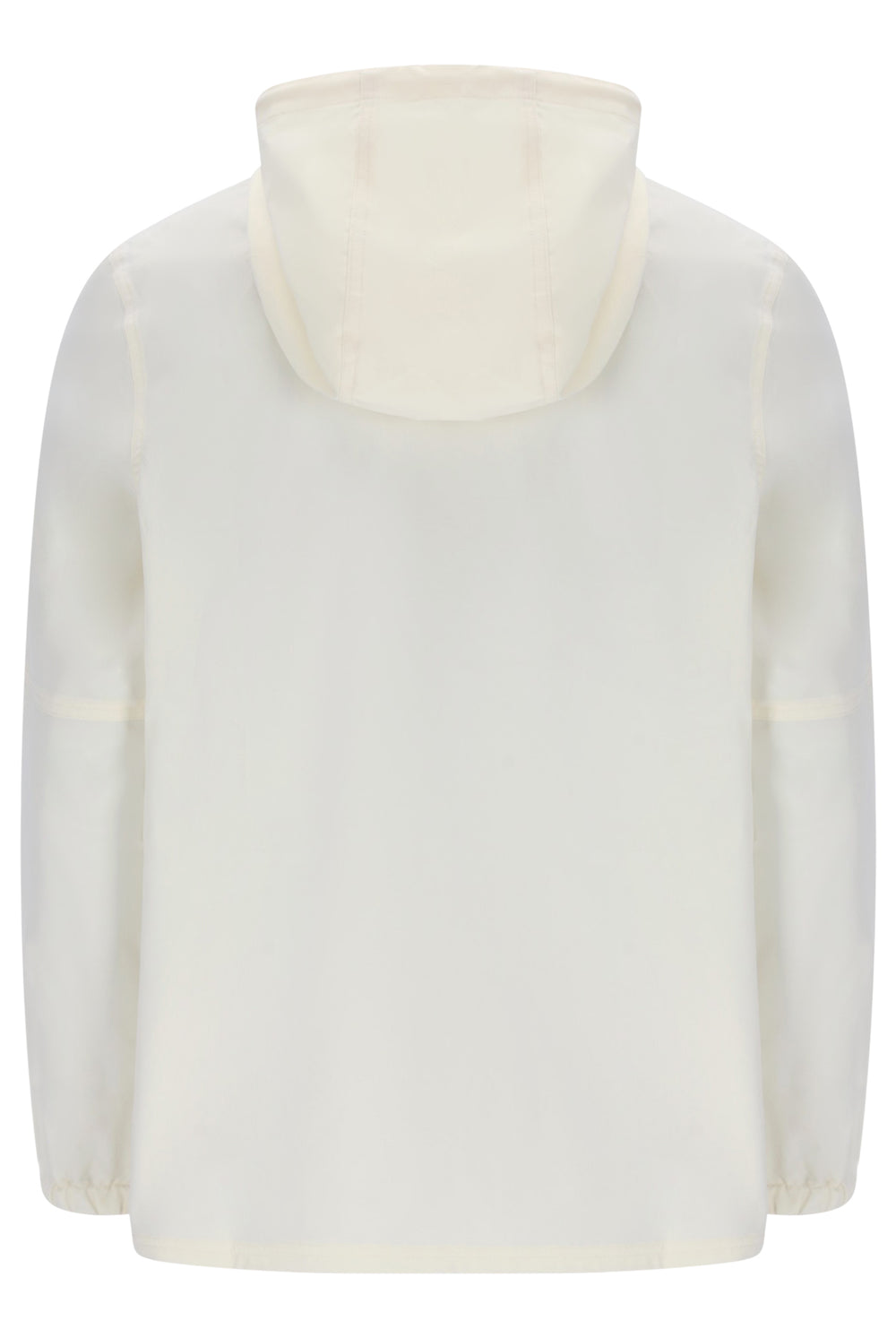A cream-colored long-sleeve top with a high mock neck or hood, shown from the back against a plain white background.