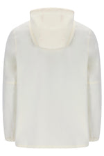 A cream-colored long-sleeve top with a high mock neck or hood, shown from the back against a plain white background.