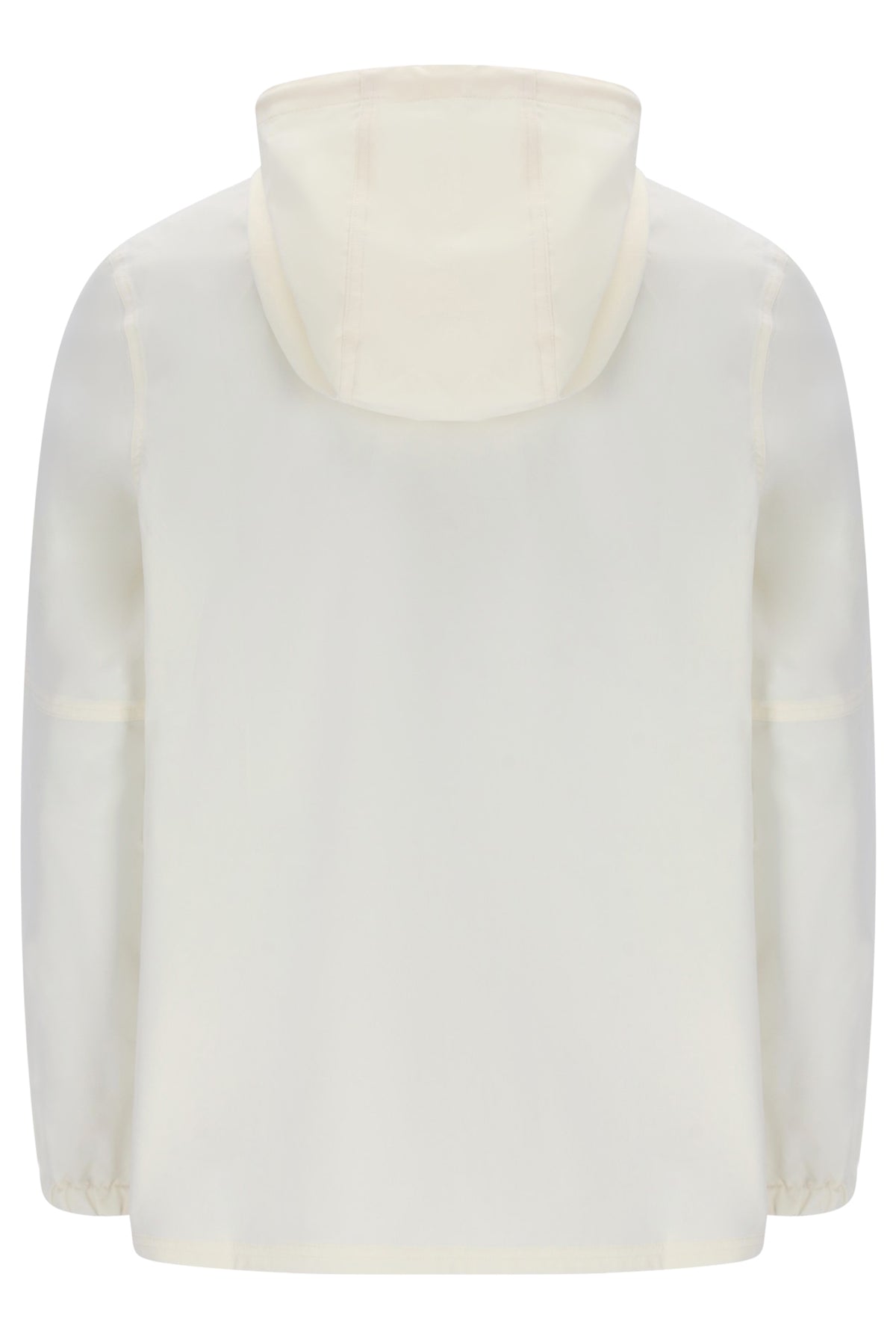 A cream-colored long-sleeve top with a high mock neck or hood, shown from the back against a plain white background.