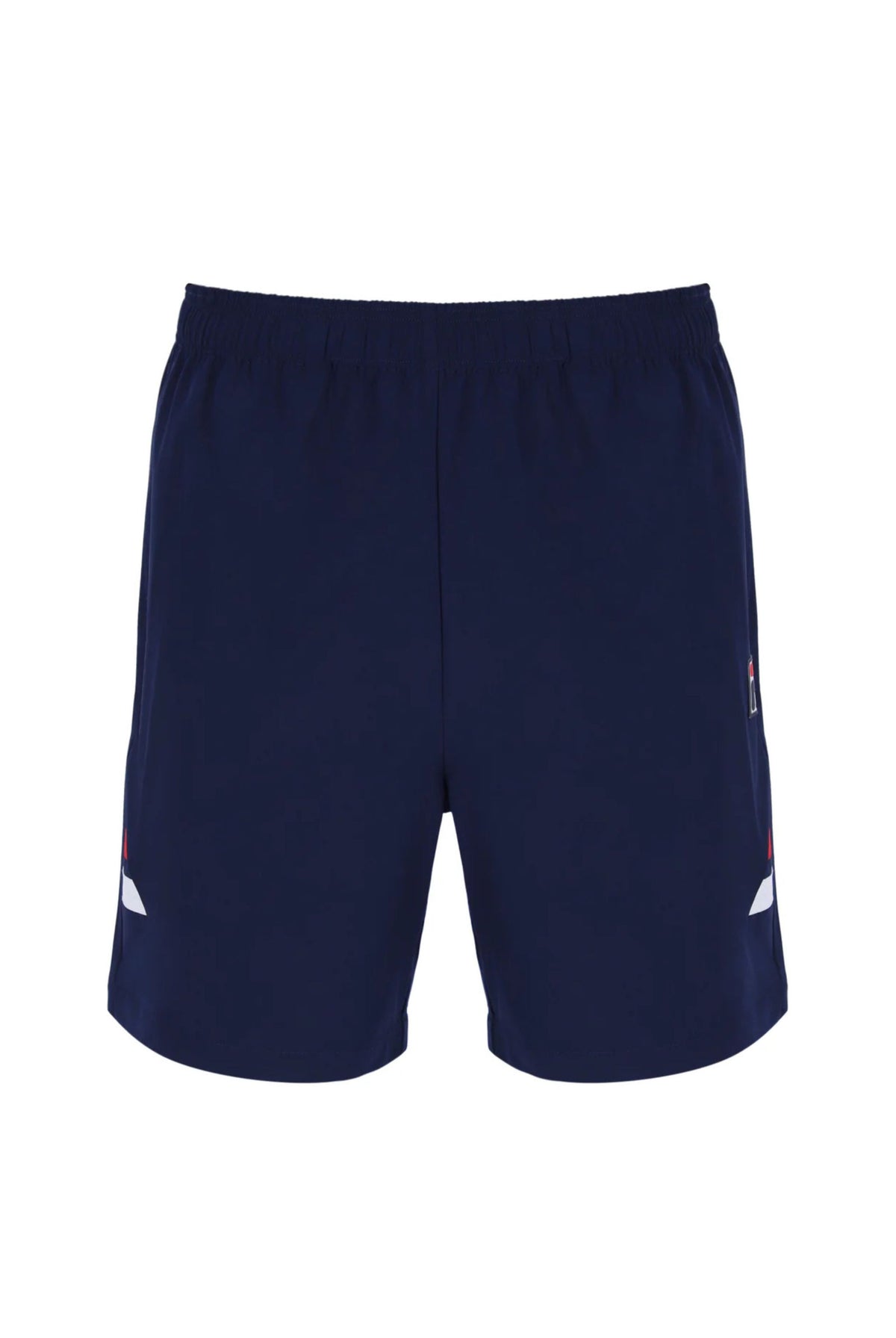 A pair of navy blue men's tennis shorts with a drawstring waist and white FILA branding on the left leg.
