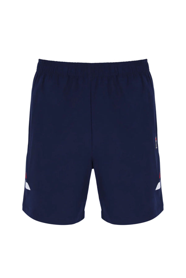 A pair of navy blue men's tennis shorts with a drawstring waist and white FILA branding on the left leg.