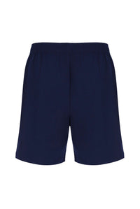 A pair of navy blue men's tennis shorts with a drawstring waist and white FILA branding on the left leg.