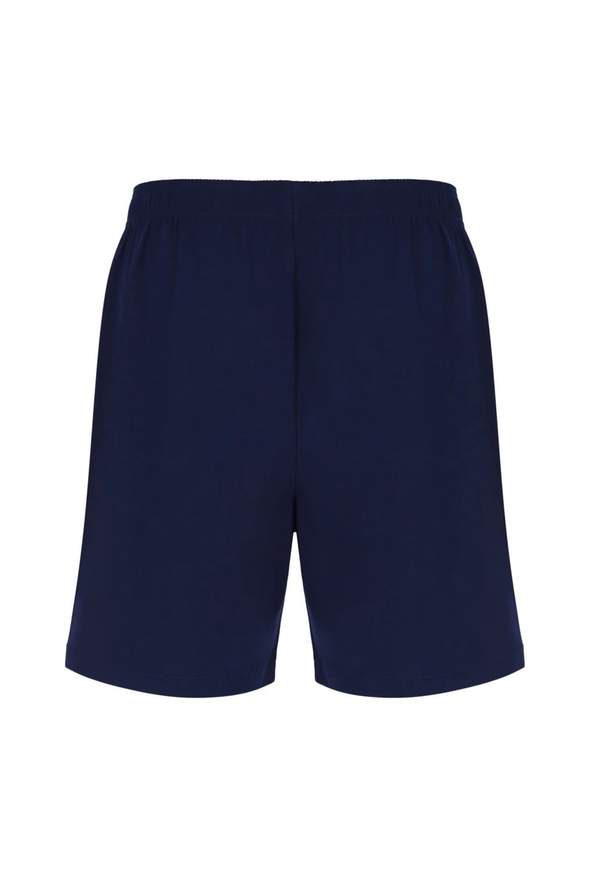 A pair of navy blue men's tennis shorts with a drawstring waist and white FILA branding on the left leg.