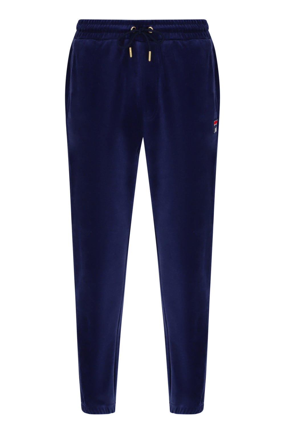 Displays the Navy 'Fila' branded Eddie 2 Velour Track Pant