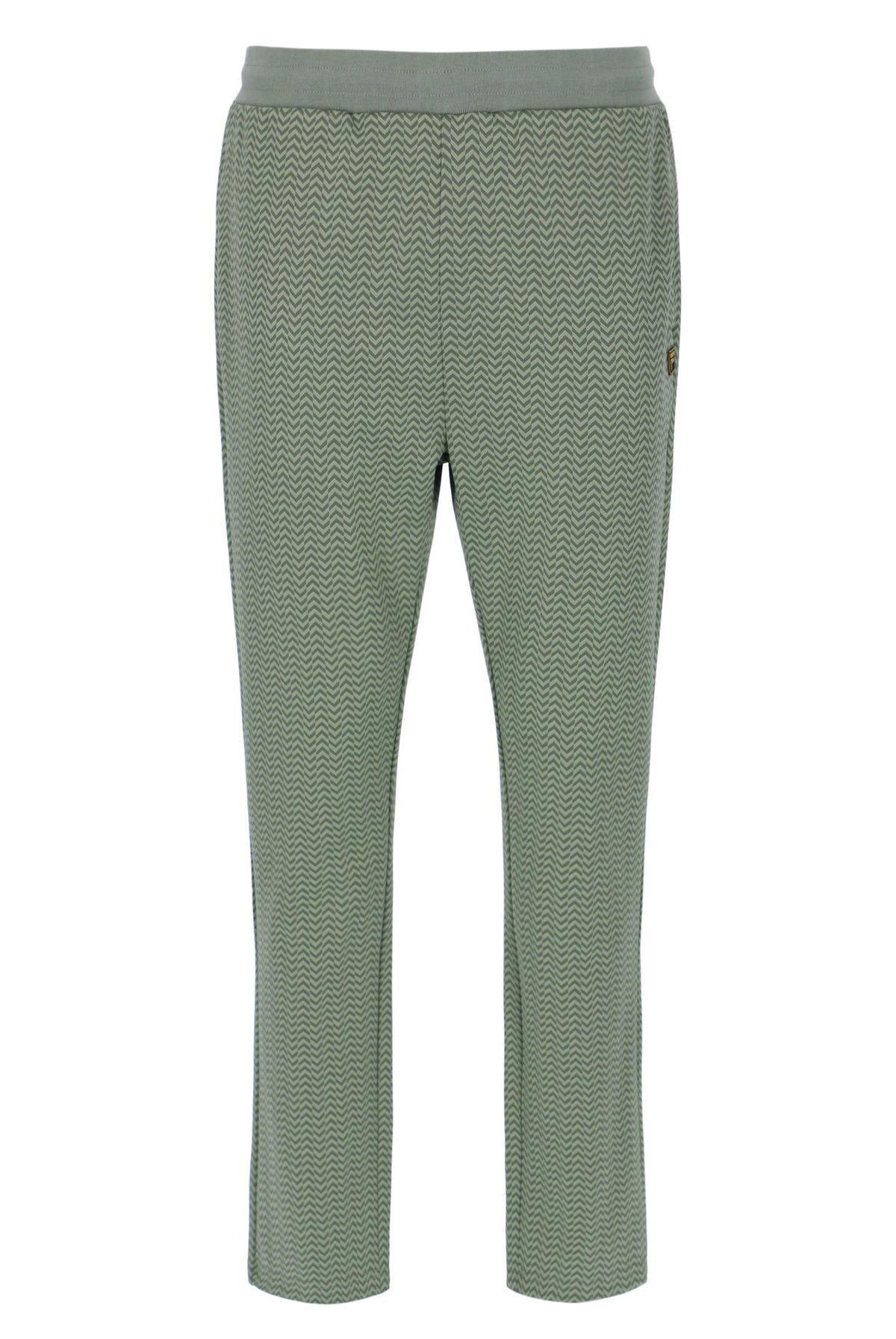 Displays a model wearing the Sea Foam 'FILA' branded Edward Herringbone Pant