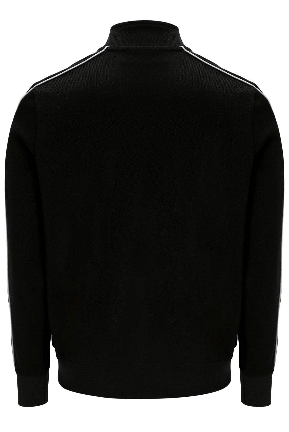 Black long-sleeve track jacket with white double stripes running along the shoulders, shown from the back on a white background.