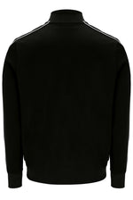 Black long-sleeve track jacket with white double stripes running along the shoulders, shown from the back on a white background.