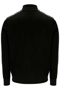 Black long-sleeve track jacket with white double stripes running along the shoulders, shown from the back on a white background.