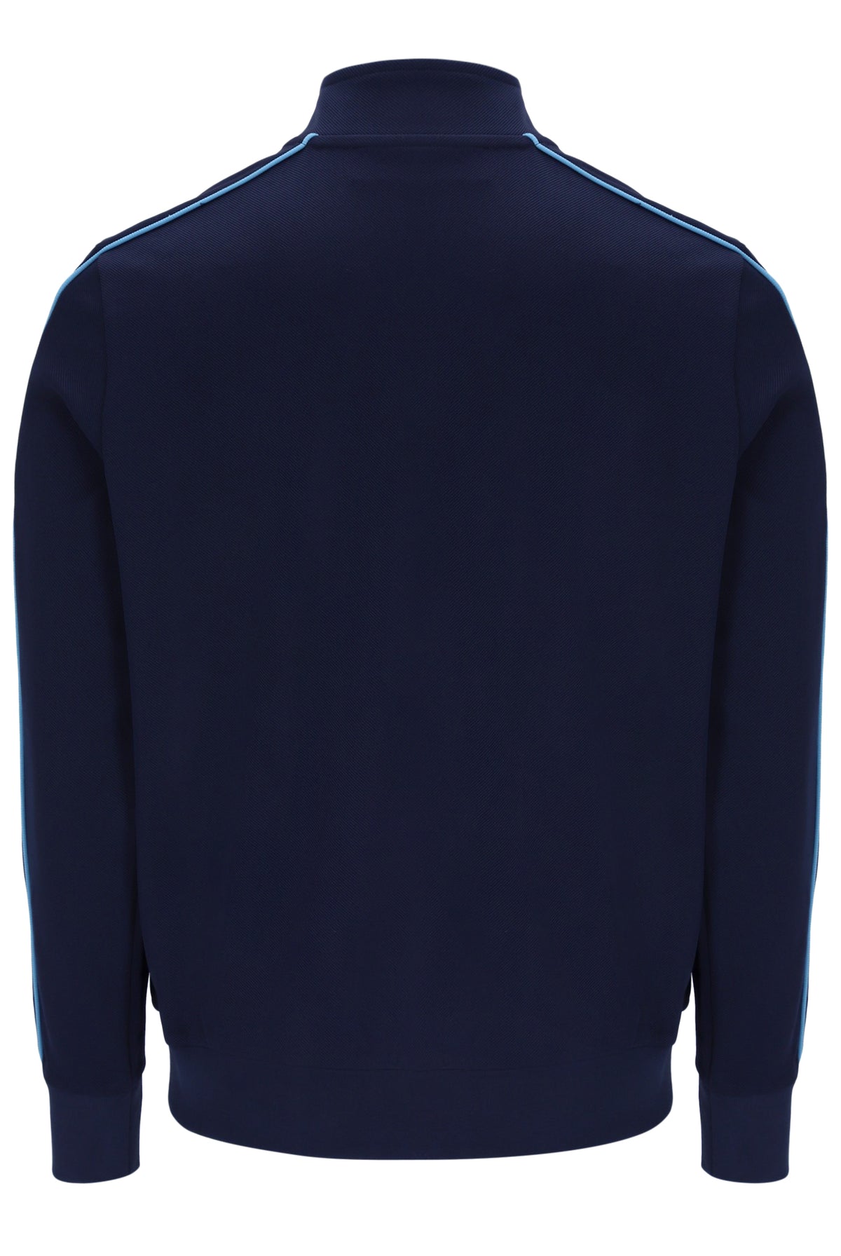 A navy blue long-sleeve track jacket shown from the back, featuring light blue contrast piping running along the shoulders and upper back.
