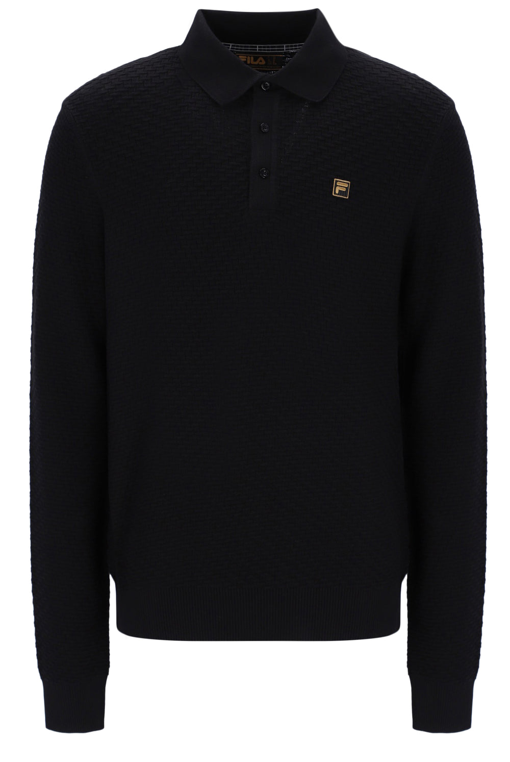 Displays the Black 'FILA' branded Elia Brick Knit Long Sleeve Polo