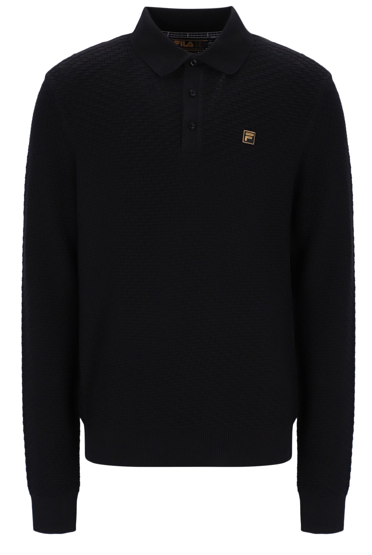 Displays the Black 'FILA' branded Elia Brick Knit Long Sleeve Polo