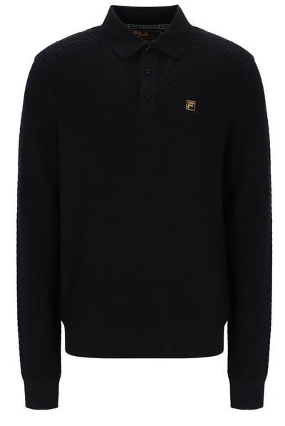 Displays the Black 'FILA' branded Elia Brick Knit Long Sleeve Polo
