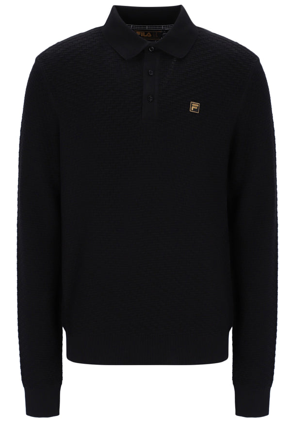 Displays the Black 'FILA' branded Elia Brick Knit Long Sleeve Polo