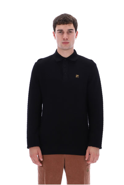 Black Elia Brick Knit Long Sleeve Polo