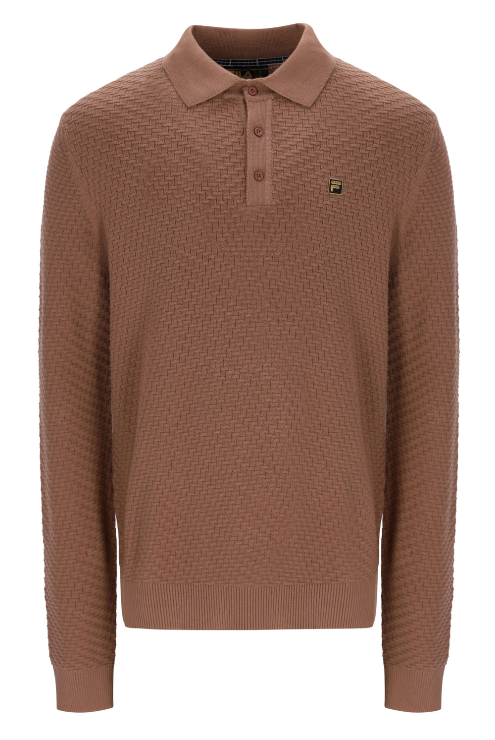 Displays the Raw Umber 'FILA' branded Elia Brick Knit Long Sleeve Polo