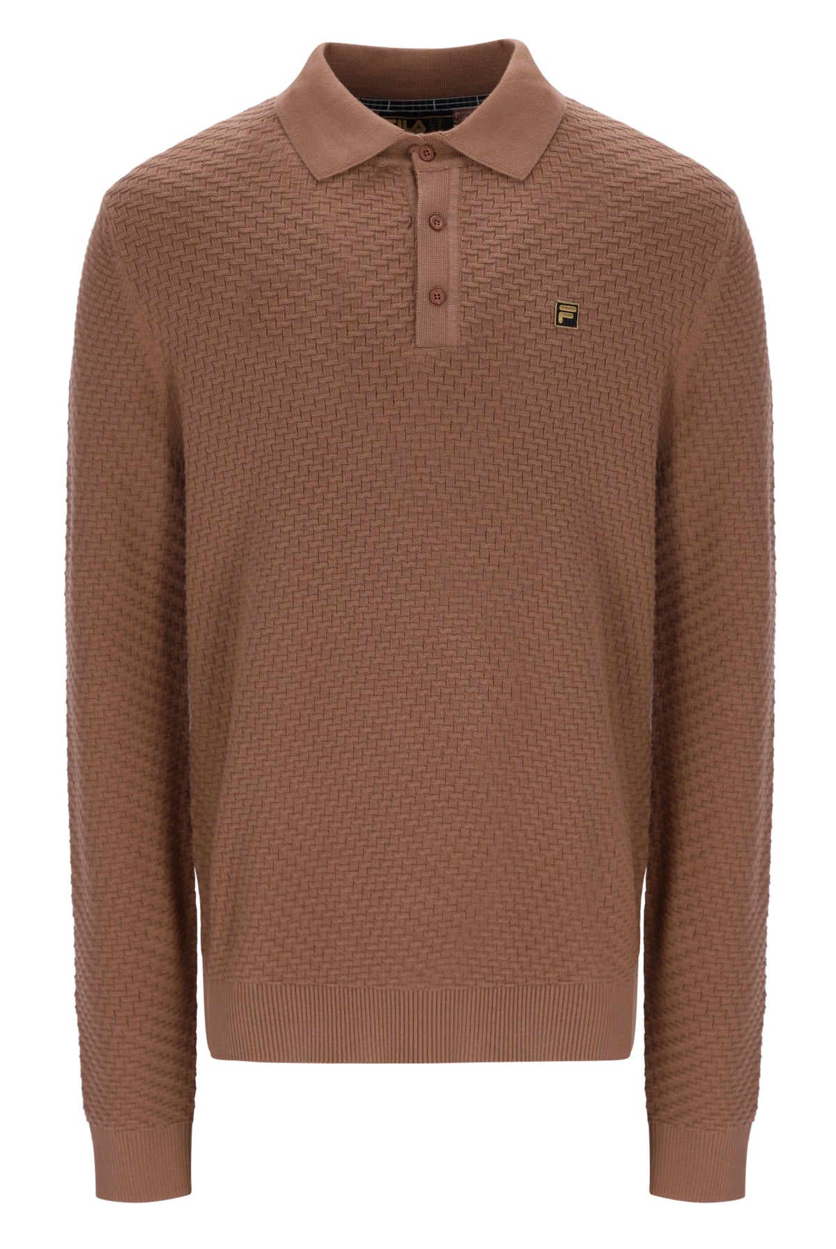 Displays the Raw Umber 'FILA' branded Elia Brick Knit Long Sleeve Polo