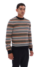 A man wearing a long-sleeve crewneck sweater with horizontal stripes in black, white, tan, and brown, paired with black pants, photographed against a plain white background.