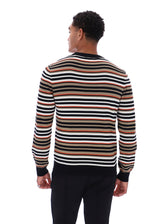 A man viewed from the back wearing a long-sleeve knit sweater with horizontal stripes in black, white, and a warm tan/beige color, paired with black pants, against a plain white background.