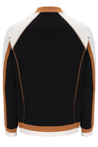 Black jacket with white and brown accents on a white background