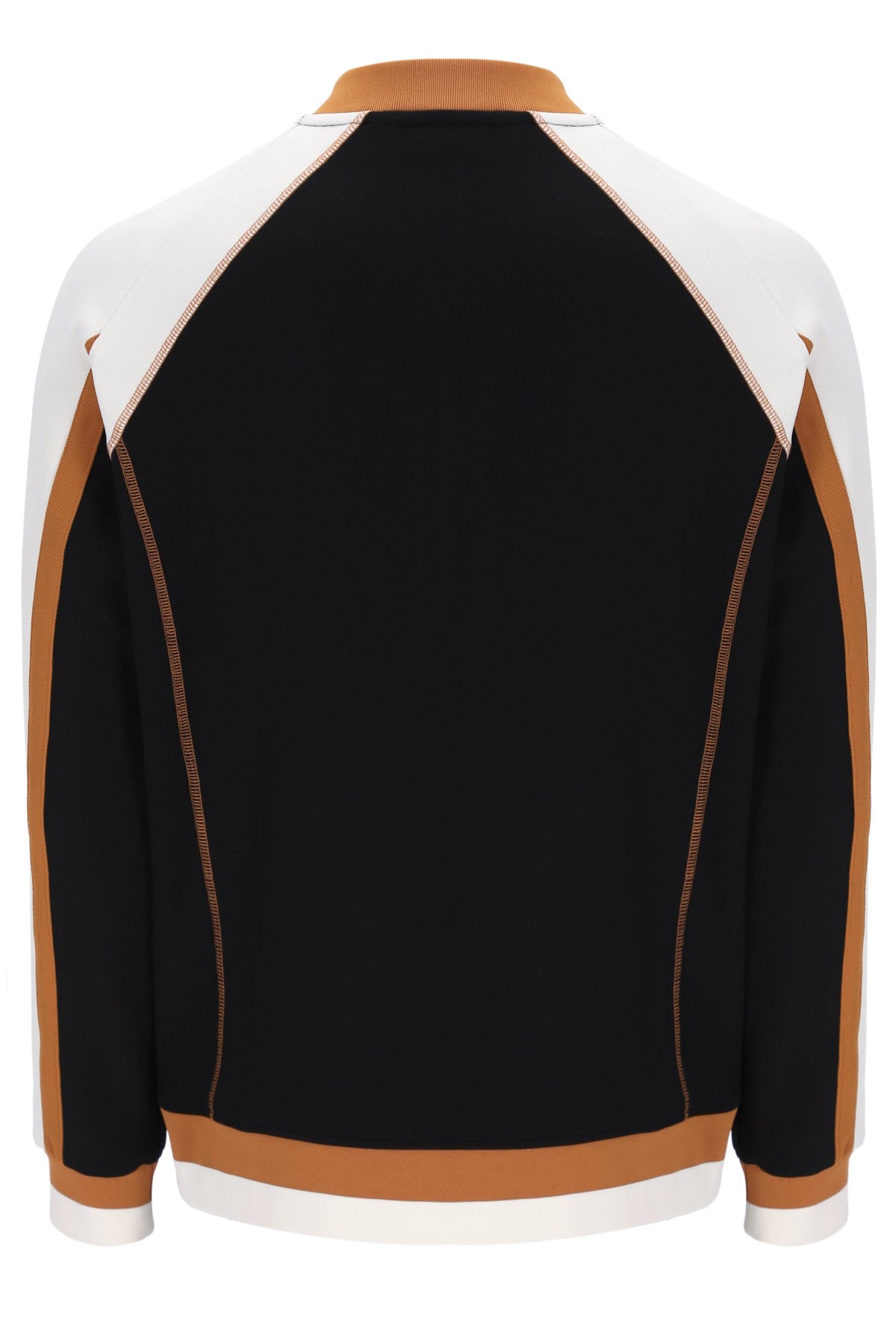 Black jacket with white and brown accents on a white background