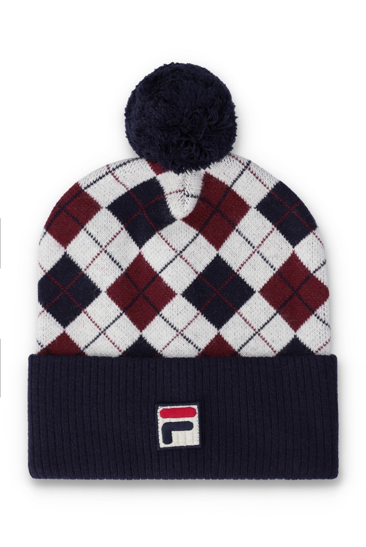 A Fila knit pom-pom beanie hat featuring an argyle pattern in white, navy, and burgundy, with a navy ribbed cuff and a small Fila logo patch on the front.