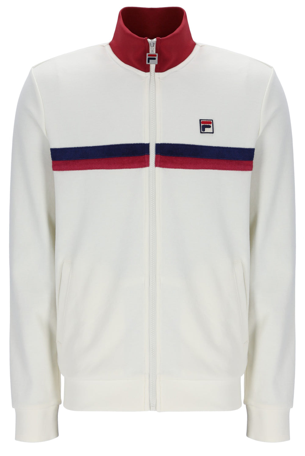 White jacket with red and blue accents and Fila logo on a white background